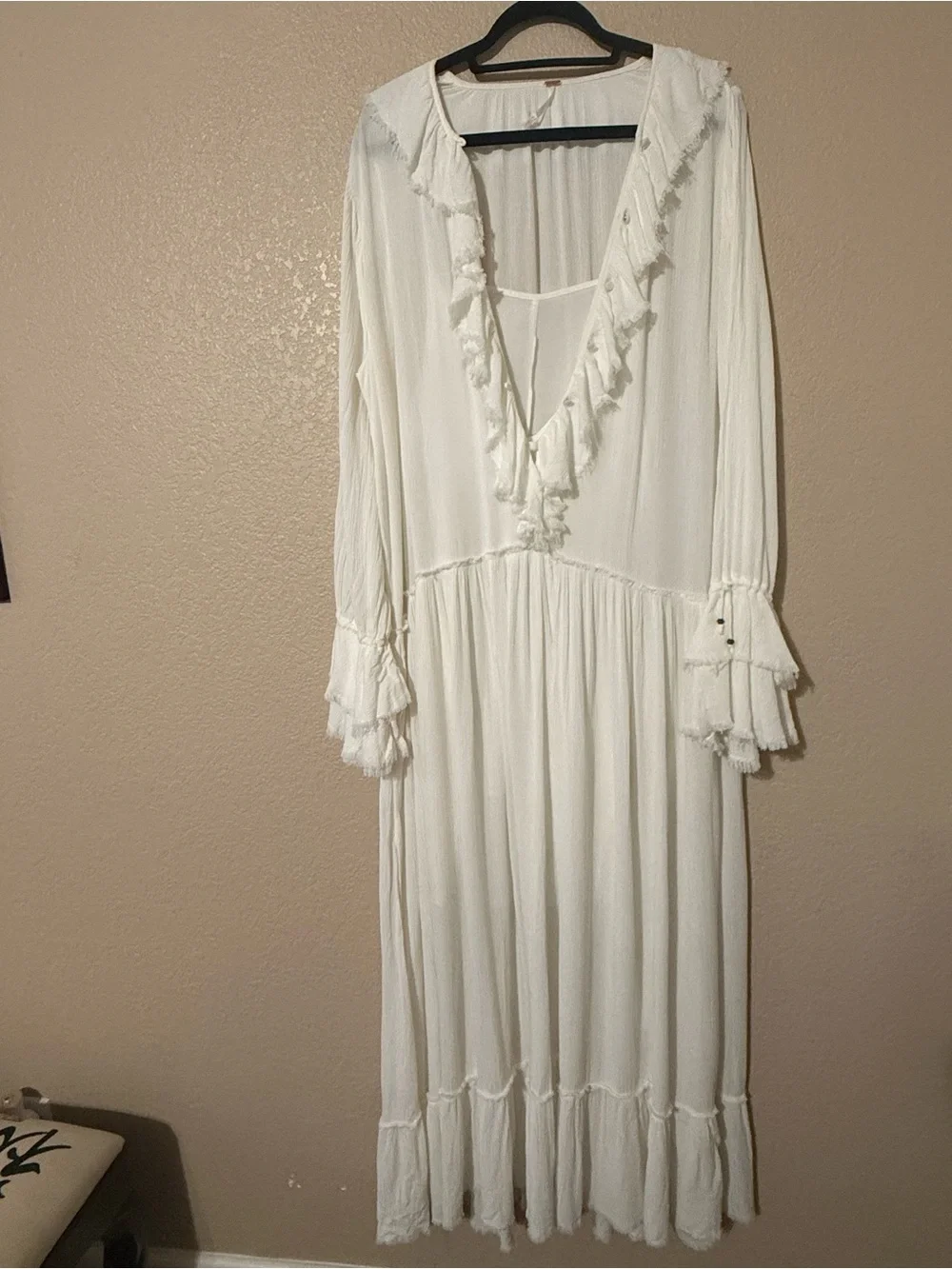 Free People Ivory Ruffle-Trim V-Neck Maxi Dress